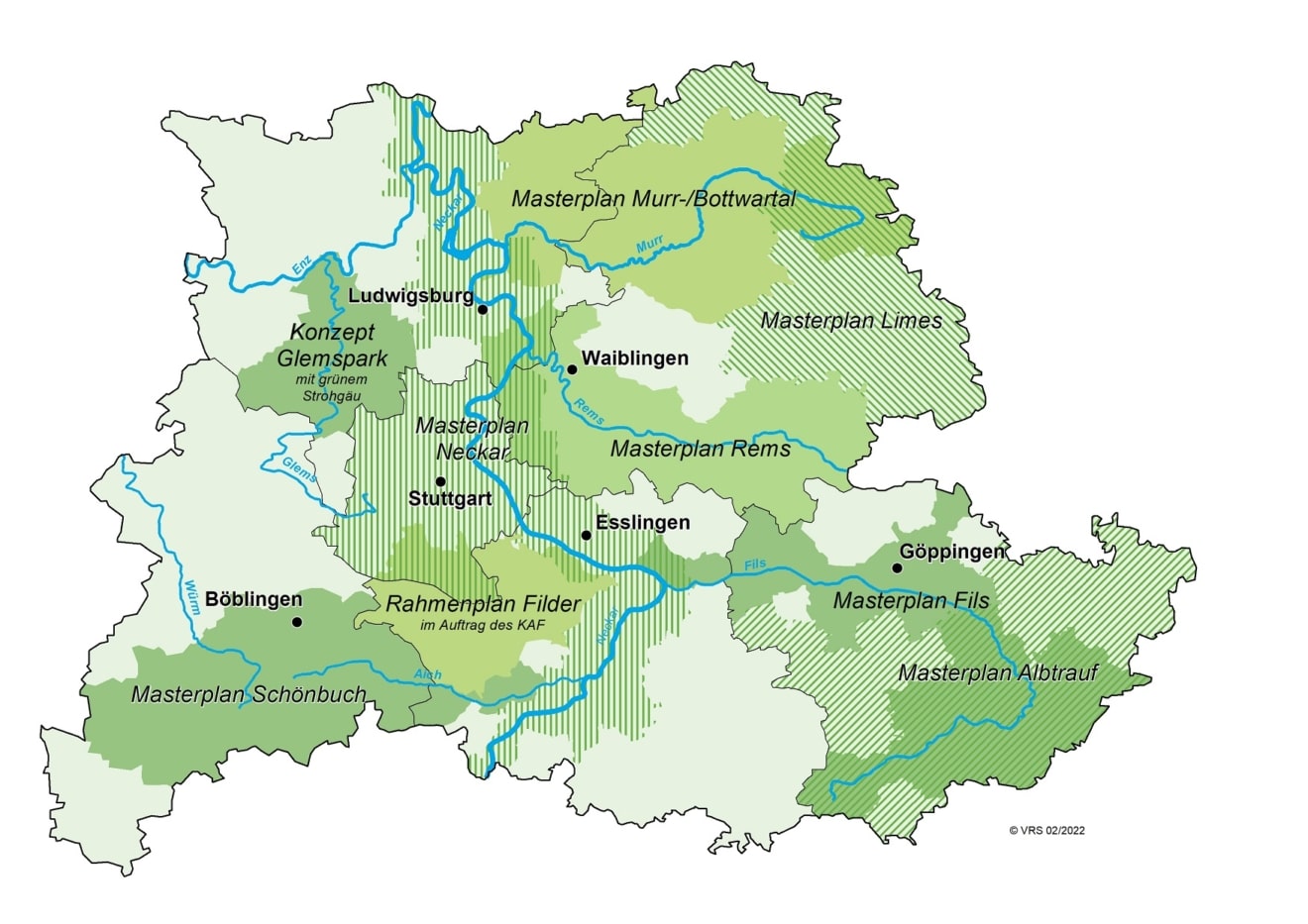 Karte Region Stuttgart mit Naturräumen: Flüsse, Städte, Masterpläne