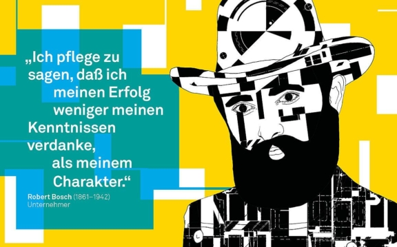Motiv aus der Plakatkampagne „Inspiration“ der KulturRegion Stuttgart mit Erfindern und Vordenkern der Region (Gestaltung: Andra Becker)